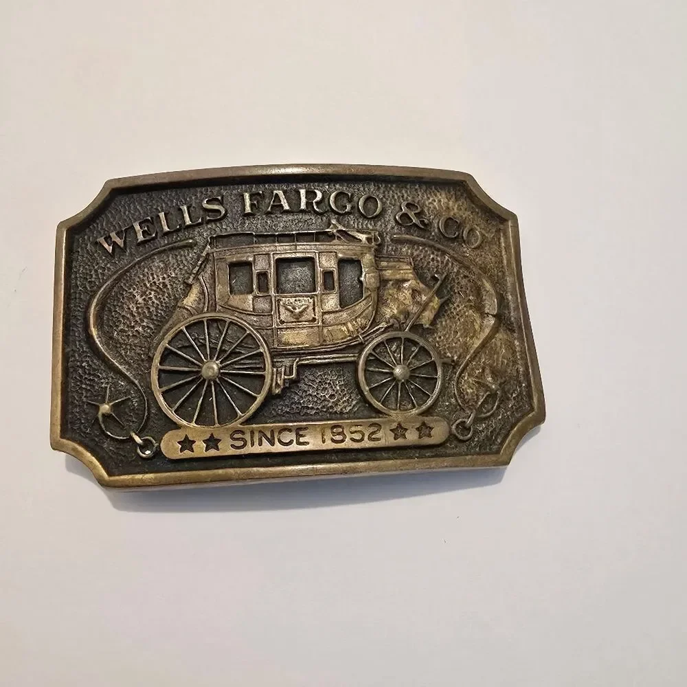 Vintage Wells Fargo‎ & Co.Brass Belt Buckle, likely from 1972.